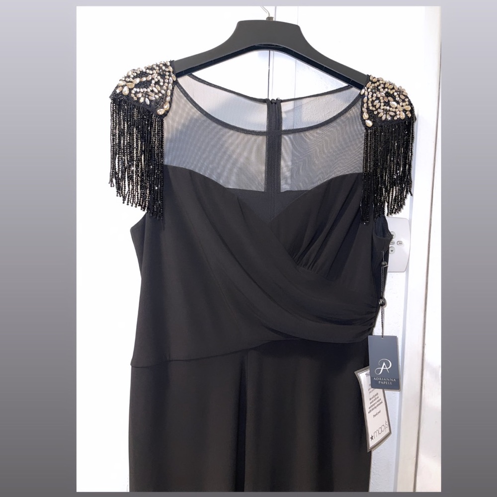 Adrianna Papell womens black fringe sequin beaded mesh wide leg  jumpsuit